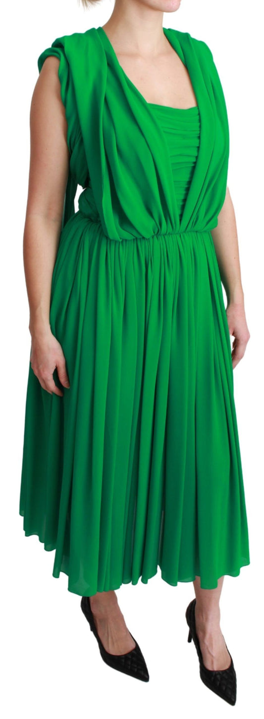 100% Silk Green Sleeveless Pleated Maxi Dress-Dolce & Gabbana-LabelTerrace.com