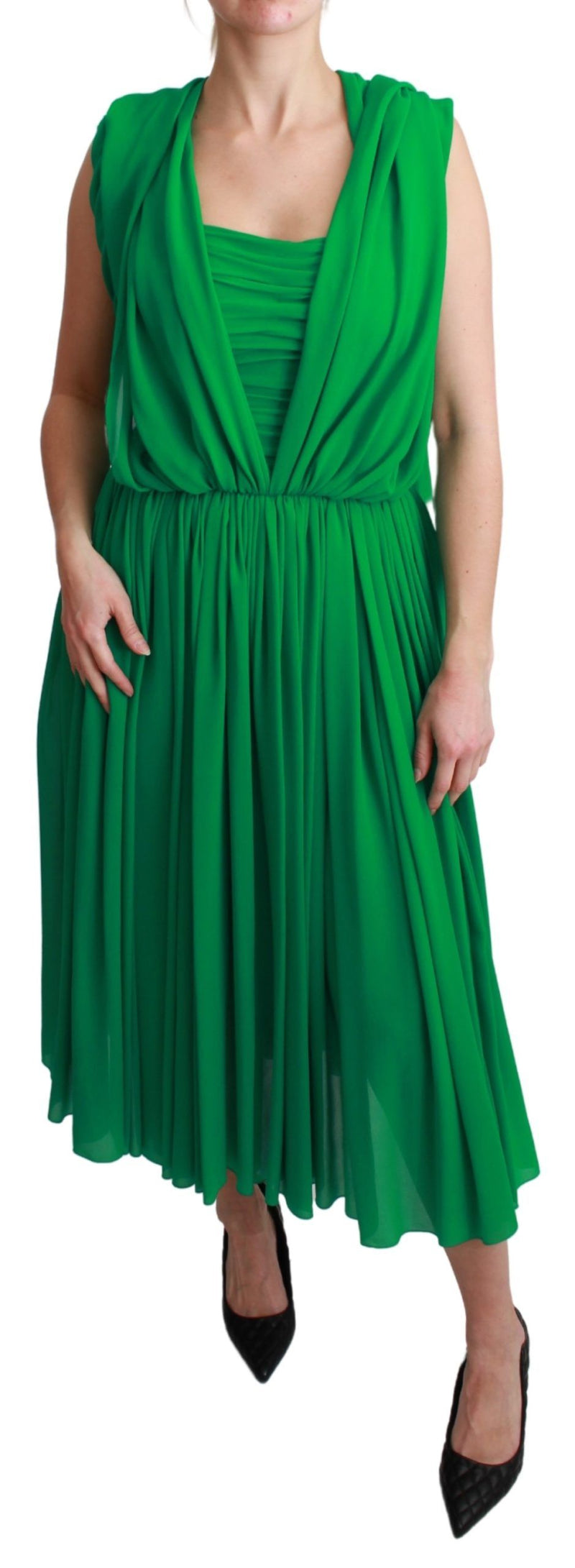 100% Silk Green Sleeveless Pleated Maxi Dress-Dolce & Gabbana-LabelTerrace.com