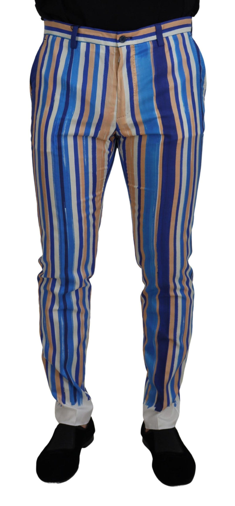 Blue Striped Silk Cotton Slim Trousers Pants