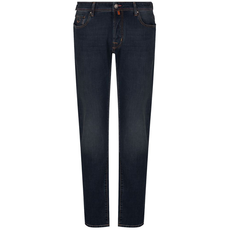 Blue Cotton Men Jeans with Orange Stitch Detail