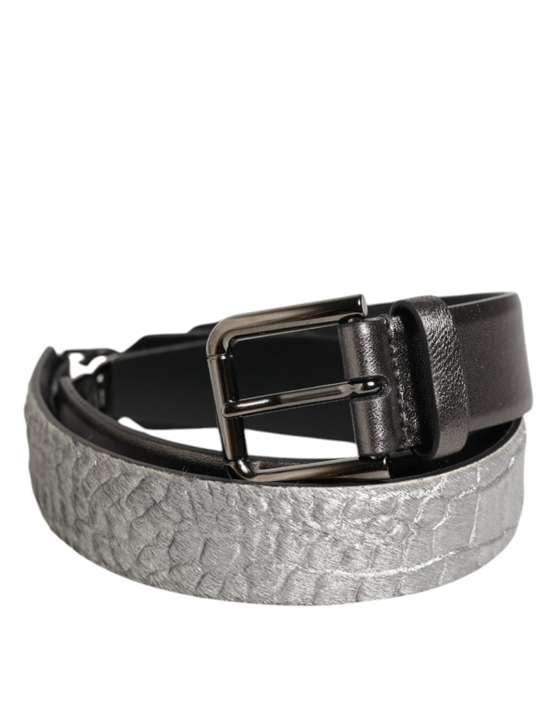Black Silver Pebbled Texture Leather Buckle Men Belt