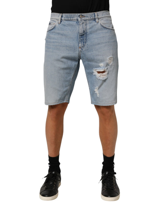 Blue Cotton Distressed Denim Bermuda Shorts