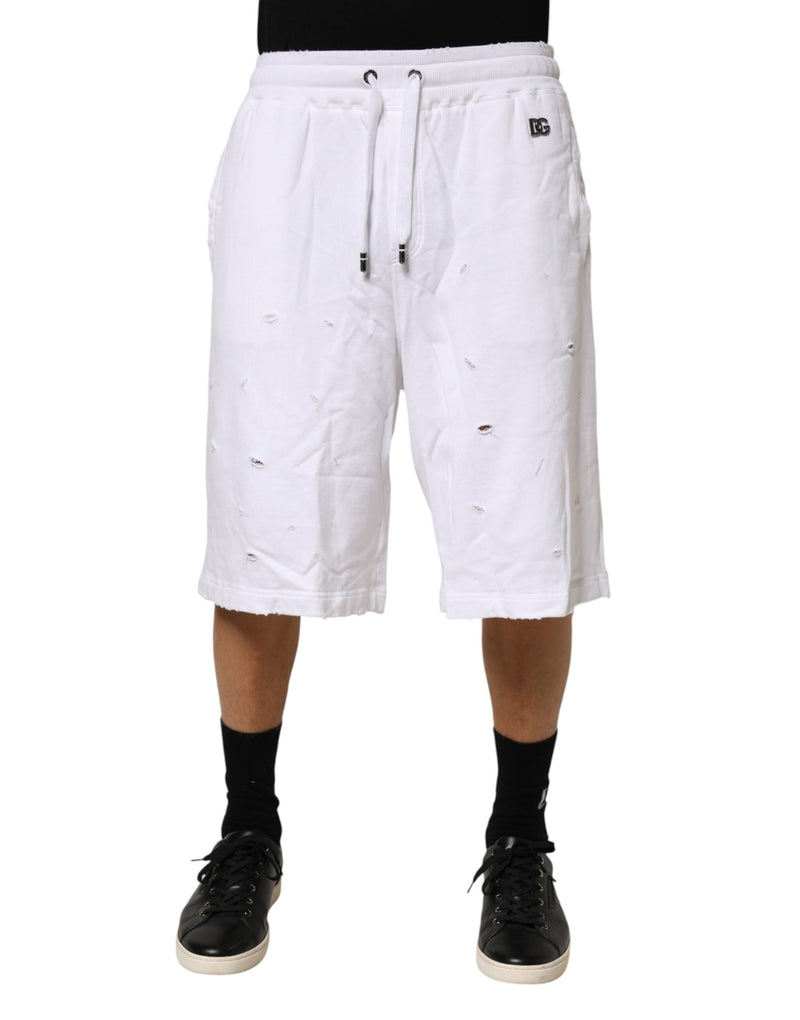 White Distressed Cotton Men Bermuda Shorts