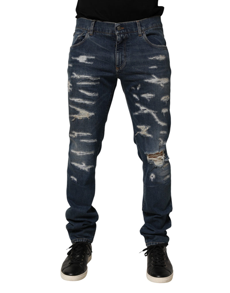 Blue Tattered Cotton Skinny Men Denim Jeans