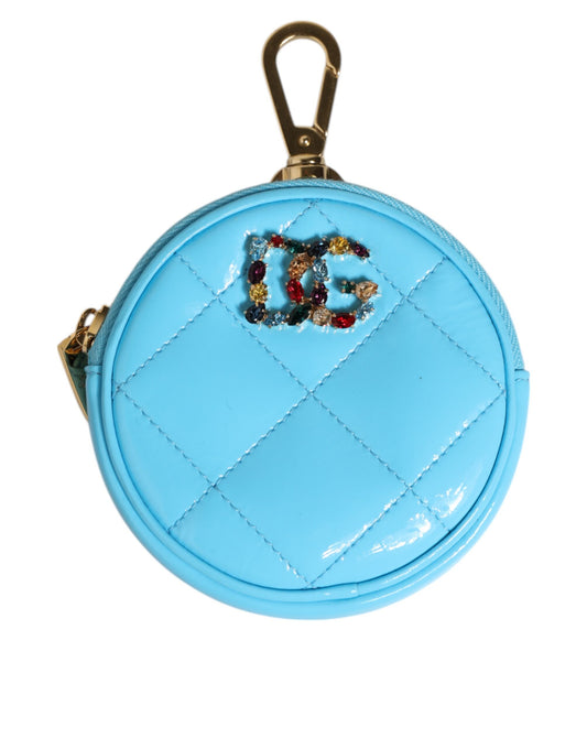 Azure Blue Leather Round Coin Purse Keychain Crystal Logo Wallet-Dolce & Gabbana-LabelTerrace.com