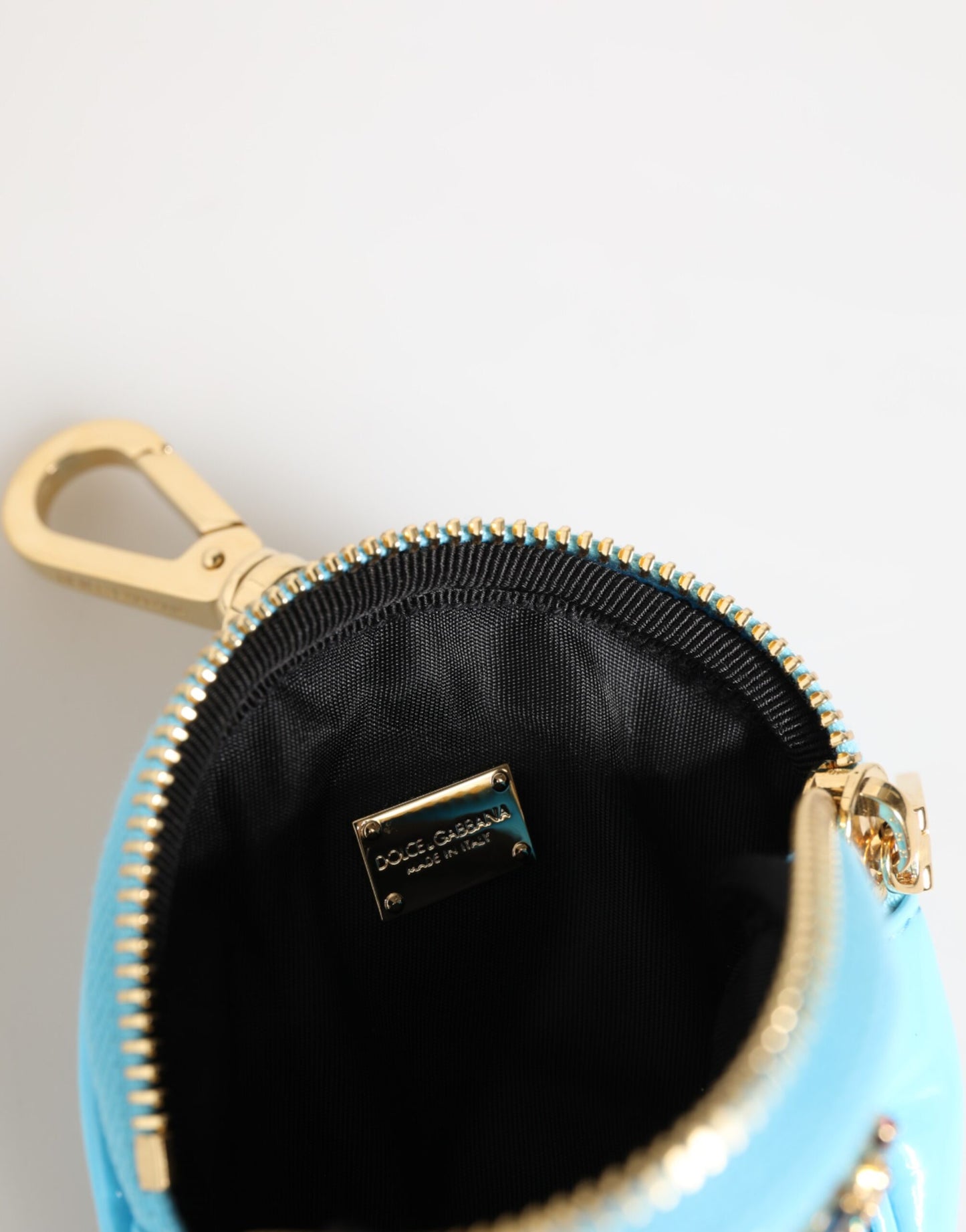 Azure Blue Leather Round Coin Purse Keychain Crystal Logo Wallet-Dolce & Gabbana-LabelTerrace.com