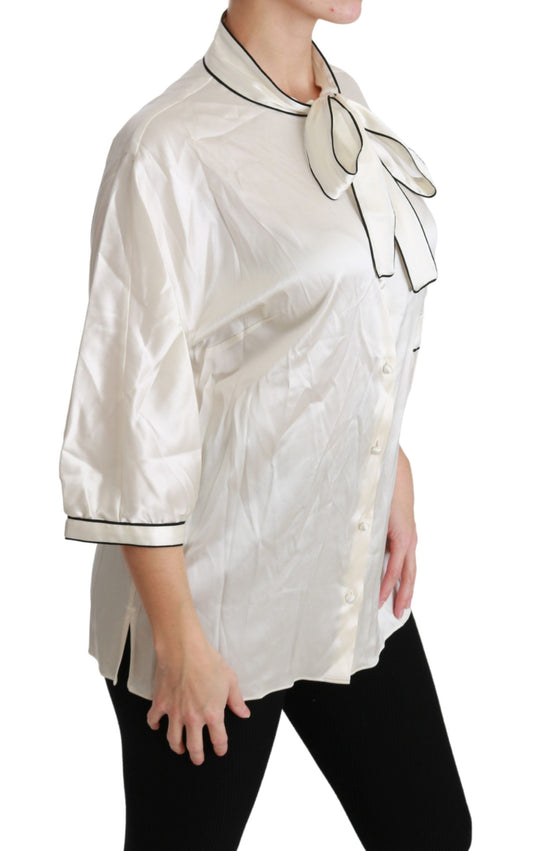 Beige 3/4 Sleeve Shirt Blouse Silk Top-Dolce & Gabbana-LabelTerrace.com