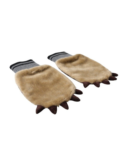 Beige Acrylic Knitted Fur Wrist Mitten Gloves-Dolce & Gabbana-LabelTerrace.com