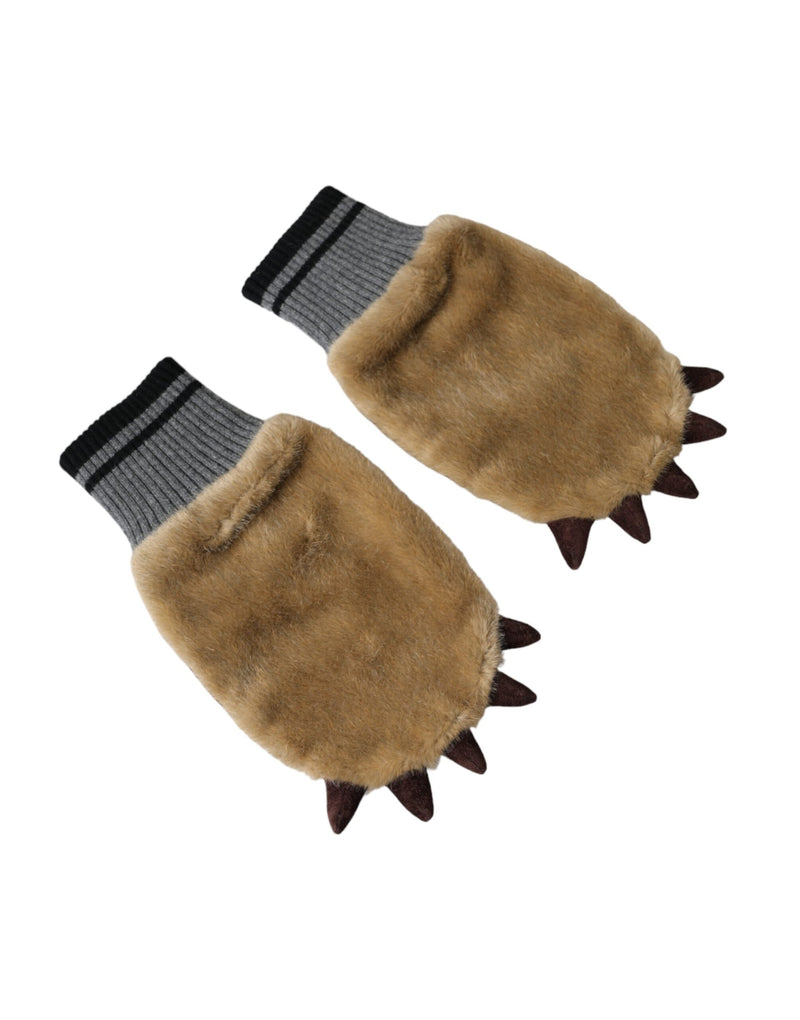 Beige Acrylic Knitted Fur Wrist Mitten Gloves-Dolce & Gabbana-LabelTerrace.com