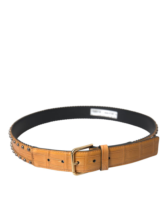 Beige Alligator Leather Studded Metal Buckle Belt-Dolce & Gabbana-LabelTerrace.com