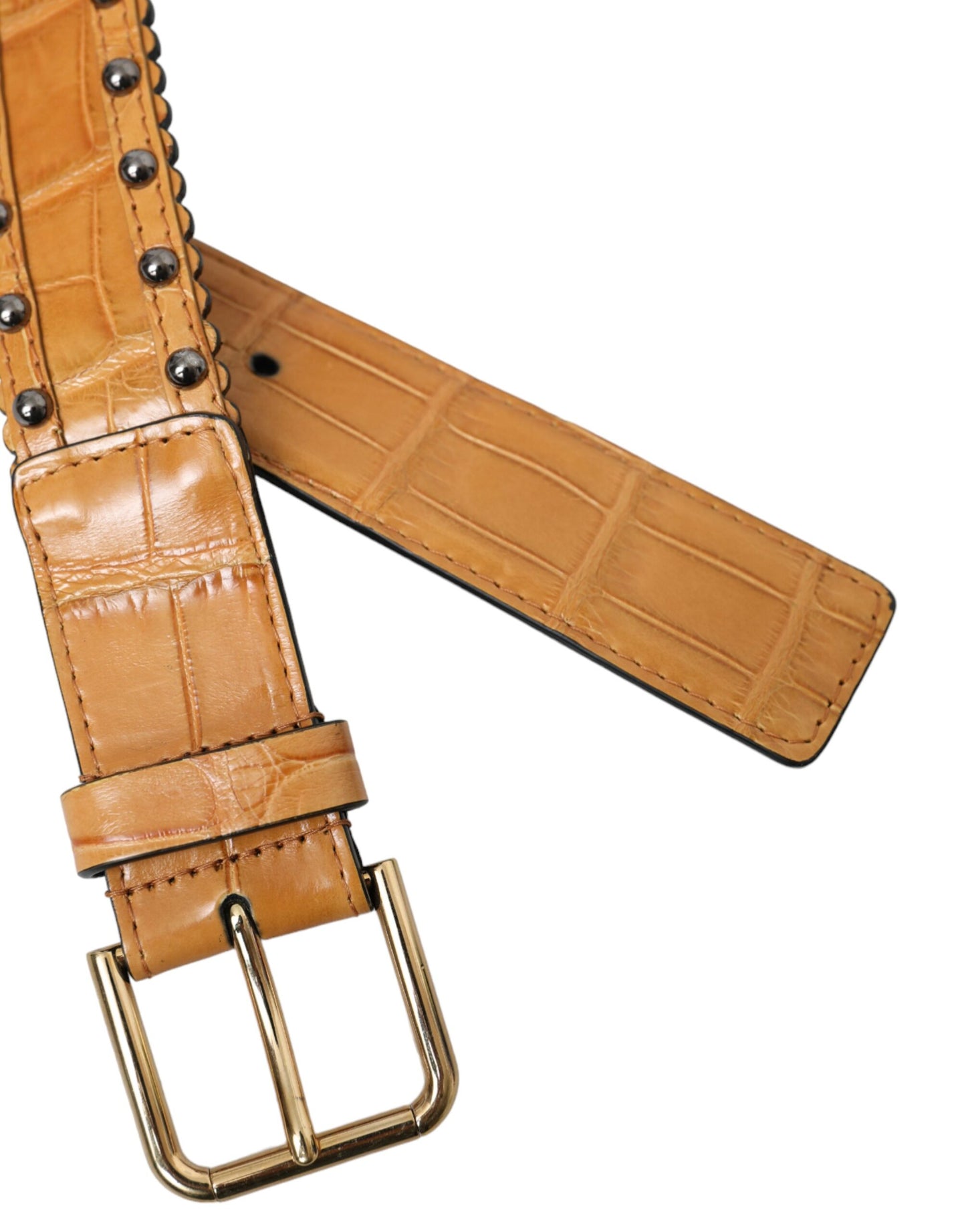 Beige Alligator Leather Studded Metal Buckle Belt-Dolce & Gabbana-LabelTerrace.com