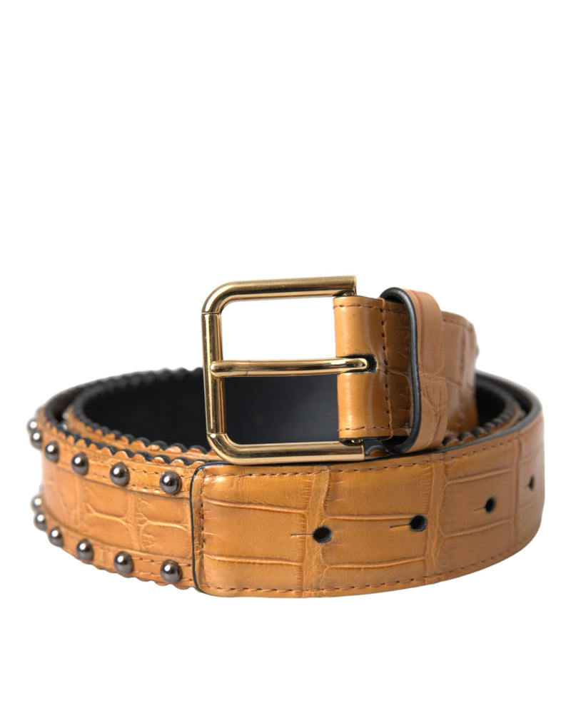 Beige Alligator Leather Studded Metal Buckle Belt-Dolce & Gabbana-LabelTerrace.com