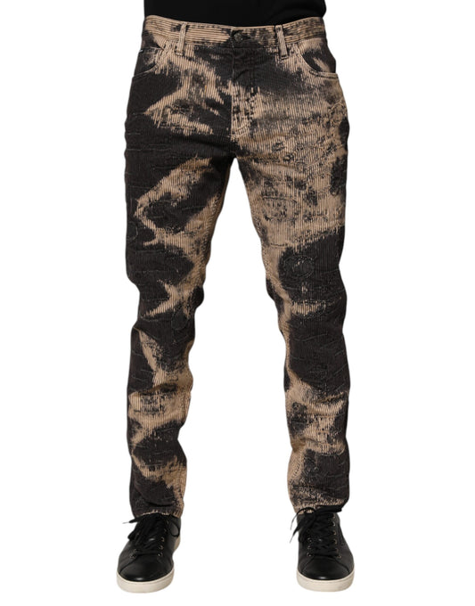 Beige Black Corduroy Tie-Dye Cotton Blend Pants-Dolce & Gabbana-LabelTerrace.com