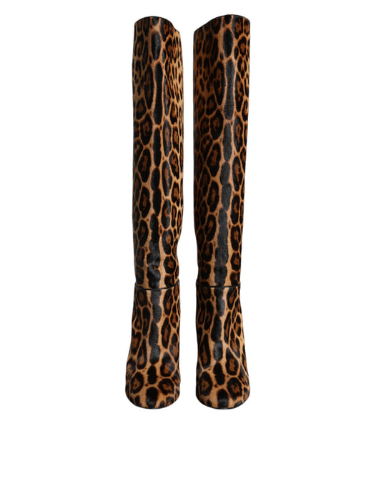 Beige Black Leopard Knee High Boots Shoes-Dolce & Gabbana-LabelTerrace.com
