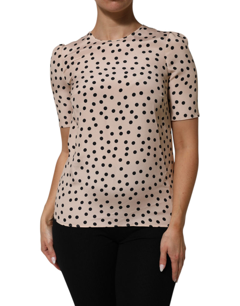 Beige Black Polka Dot Silk Short Sleeve Blouse Top-Dolce & Gabbana-LabelTerrace.com