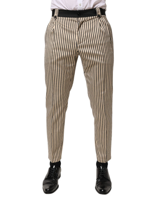 Beige Black Striped Cotton Slim Fit Trousers Pants-Dolce & Gabbana-LabelTerrace.com