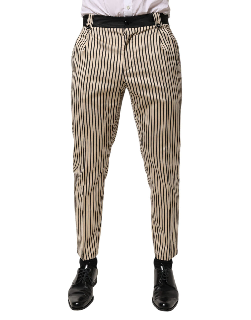 Beige Black Striped Cotton Slim Fit Trousers Pants-Dolce & Gabbana-LabelTerrace.com