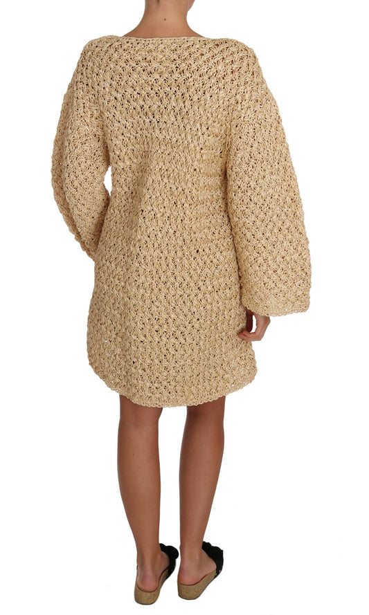 Beige Cardigan Crochet Knitted Raffia Sweater-Dolce & Gabbana-LabelTerrace.com