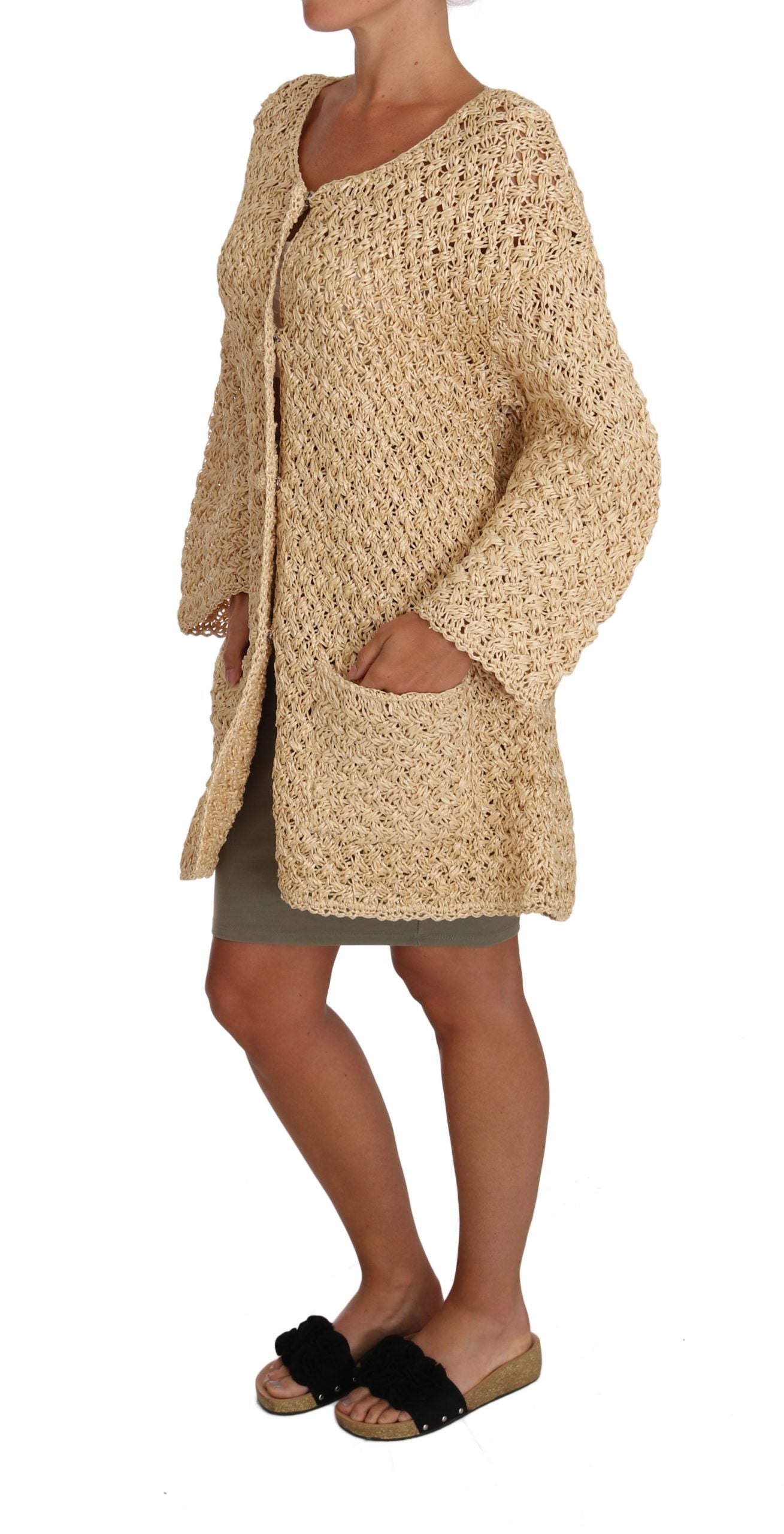 Beige Cardigan Crochet Knitted Raffia Sweater-Dolce & Gabbana-LabelTerrace.com