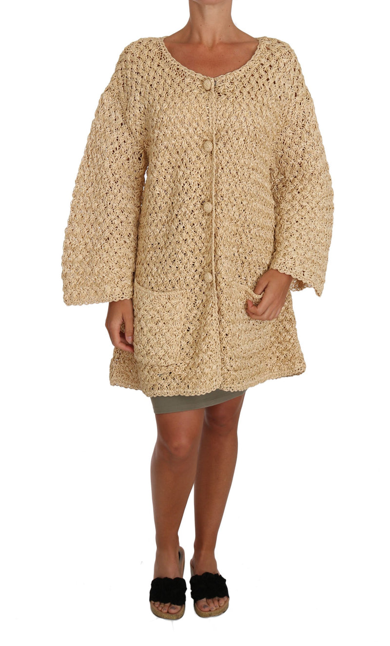 Beige Cardigan Crochet Knitted Raffia Sweater-Dolce & Gabbana-LabelTerrace.com