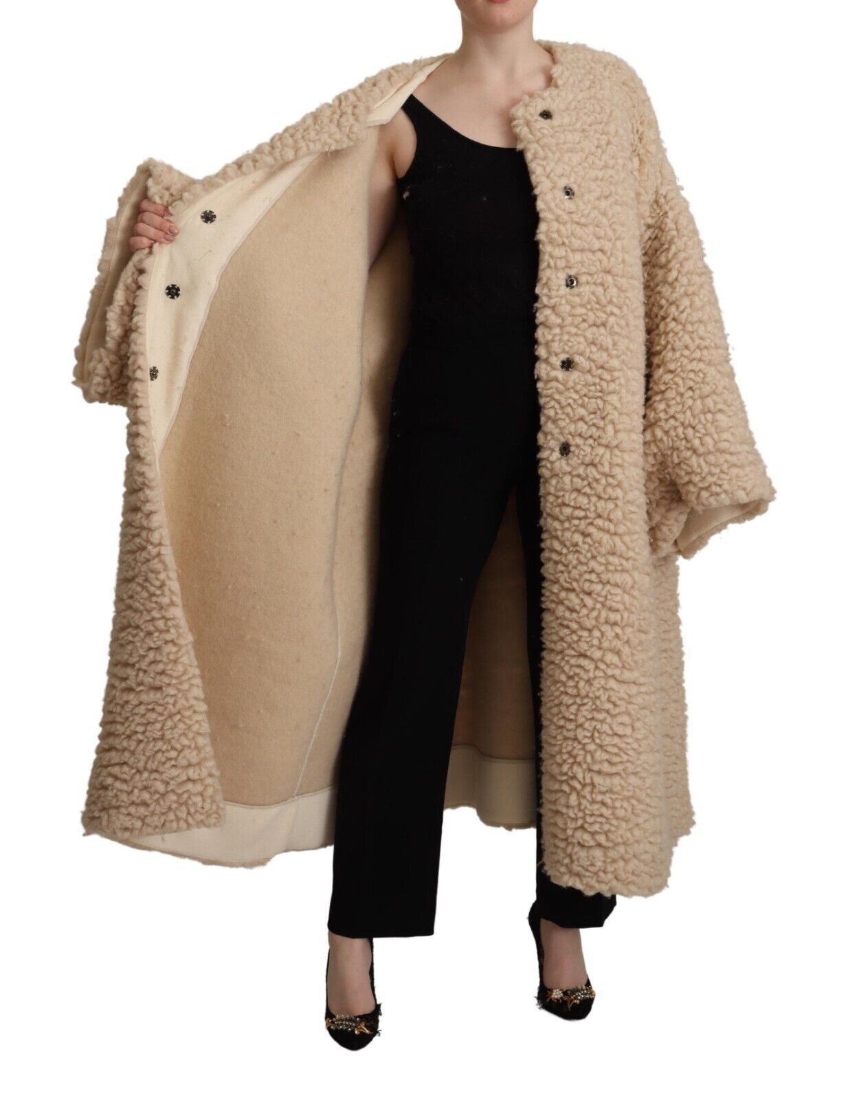 Beige Cashmere Wool Faux Fur Coat Jacket-Dolce & Gabbana-LabelTerrace.com