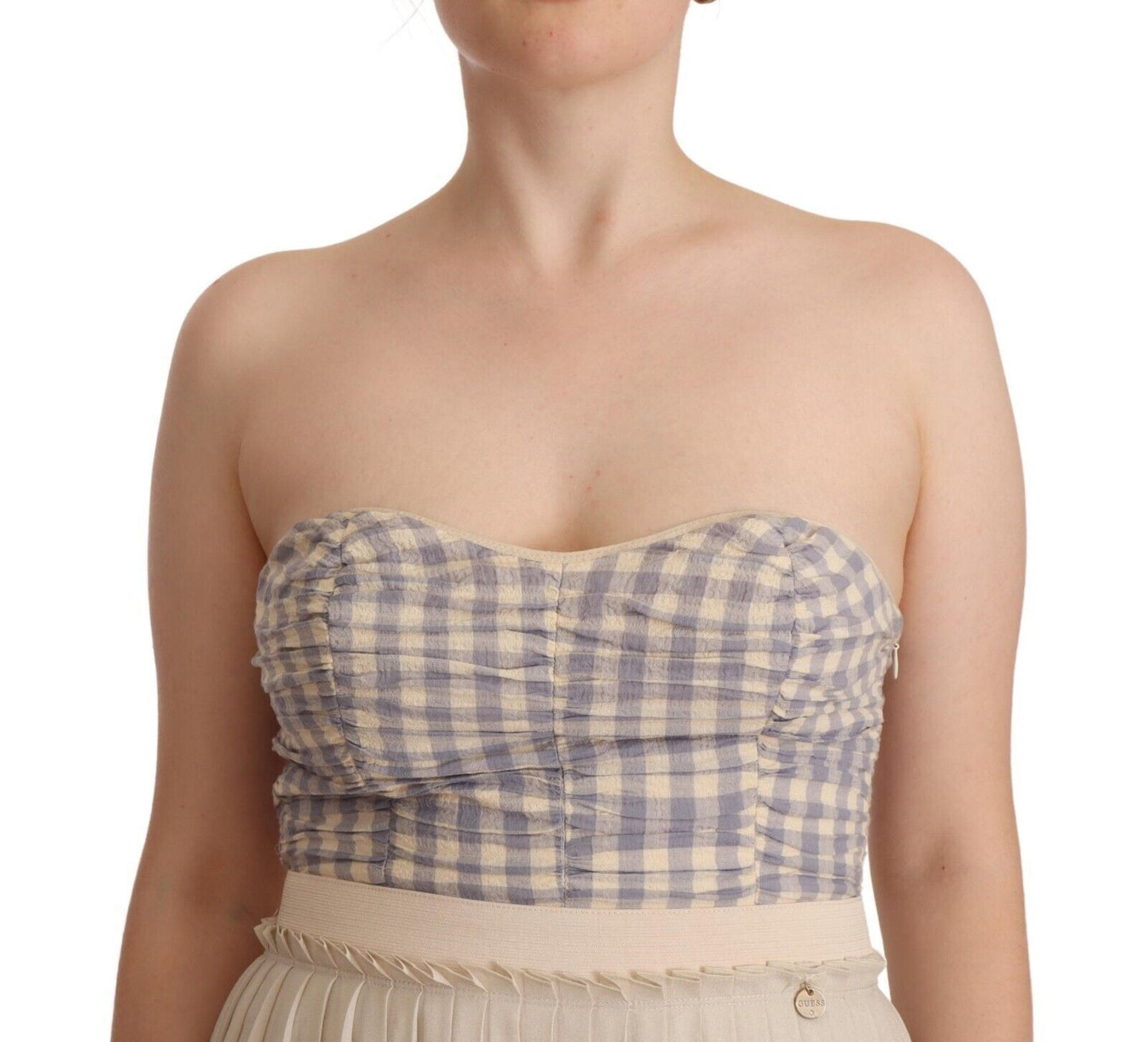 Beige Checkered Pleated A-line Strapless Bustier Dress-Guess-LabelTerrace.com