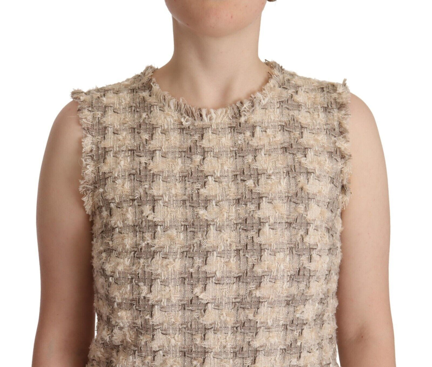 Beige Checkered Sleeveless Mini Shift Dress-Dolce & Gabbana-LabelTerrace.com
