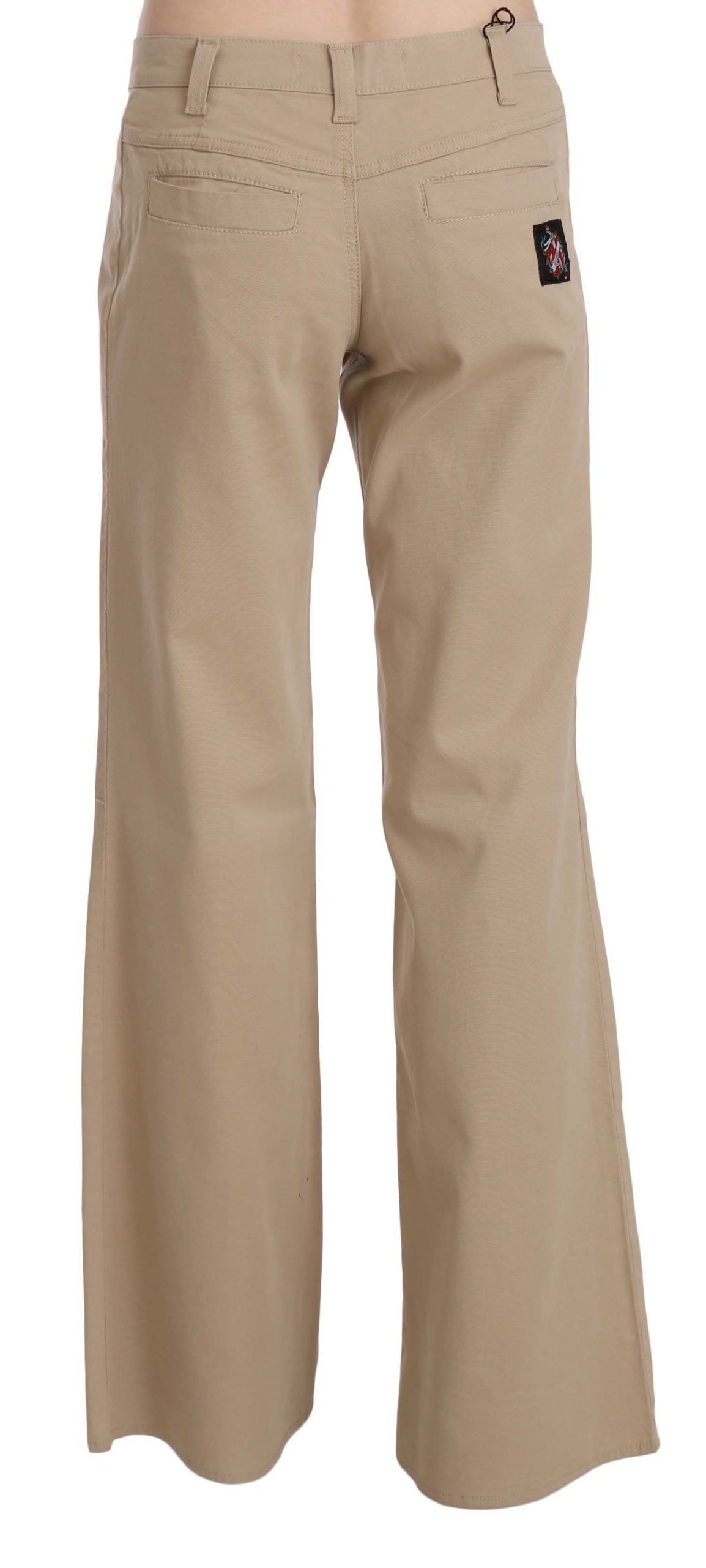 Beige Cotton Mid Waist Flared Trousers Pants-Just Cavalli-LabelTerrace.com