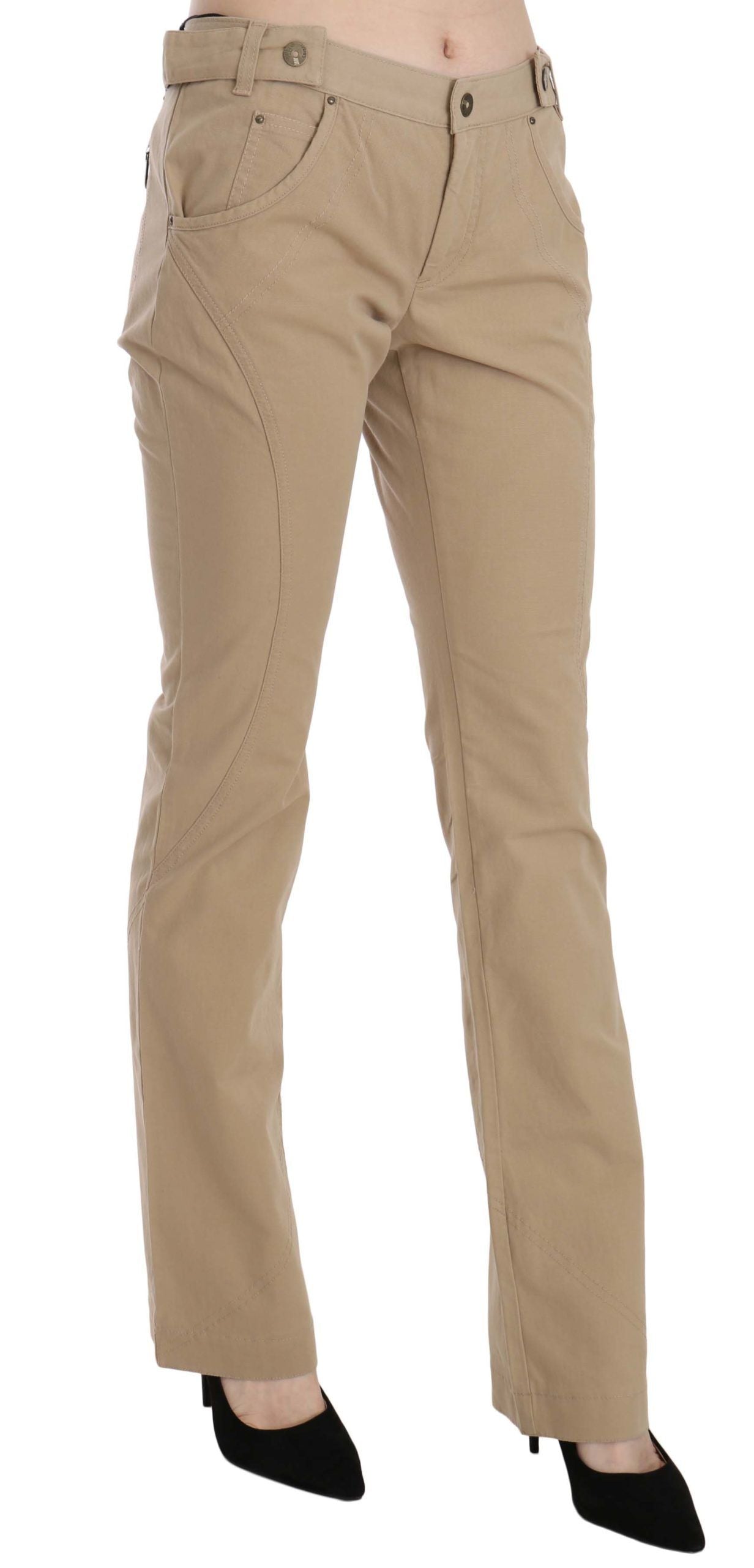 Beige Cotton Mid Waist Straight Trousers Pants-Just Cavalli-LabelTerrace.com