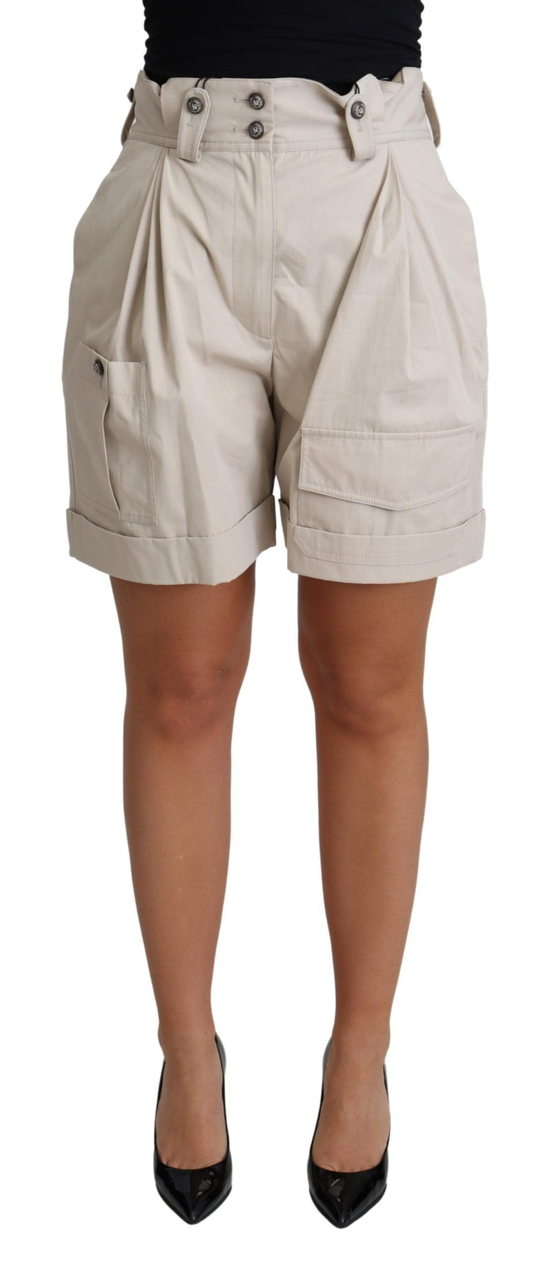 Beige Cotton Pleated High Waist Casual Shorts-Dolce & Gabbana-LabelTerrace.com