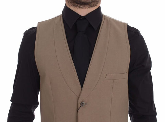 Beige Cotton Slim Fit Button Front Dress Vest-Dolce & Gabbana-LabelTerrace.com