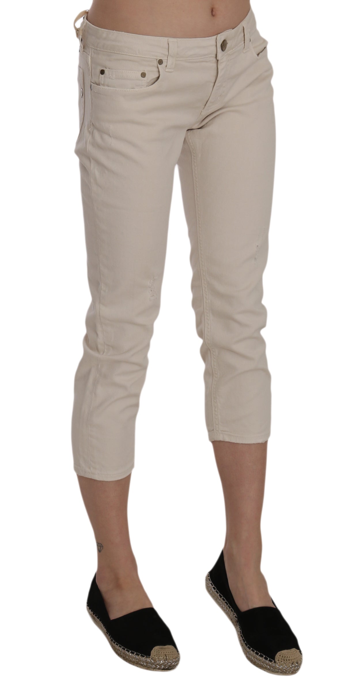 Beige Cotton Stretch Low Waist Skinny Cropped Capri Jeans-Dondup-LabelTerrace.com