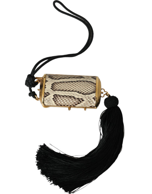Beige Exotic Leather Mini Mirror Tassel Make Up Holder Bag-Dolce & Gabbana-LabelTerrace.com