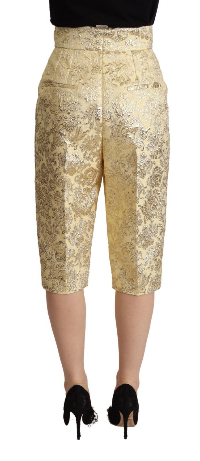 Beige Floral Brocade High Waist Trouser Cropped Pants-Dolce & Gabbana-LabelTerrace.com