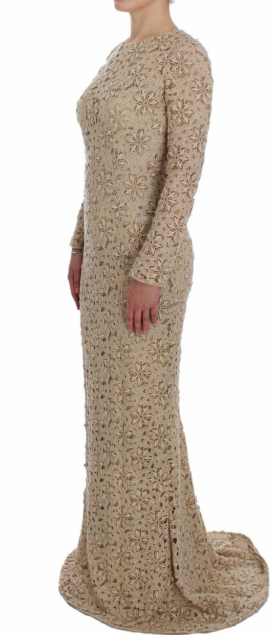 Beige Floral Lace Sheath Maxi Dress-Dolce & Gabbana-LabelTerrace.com