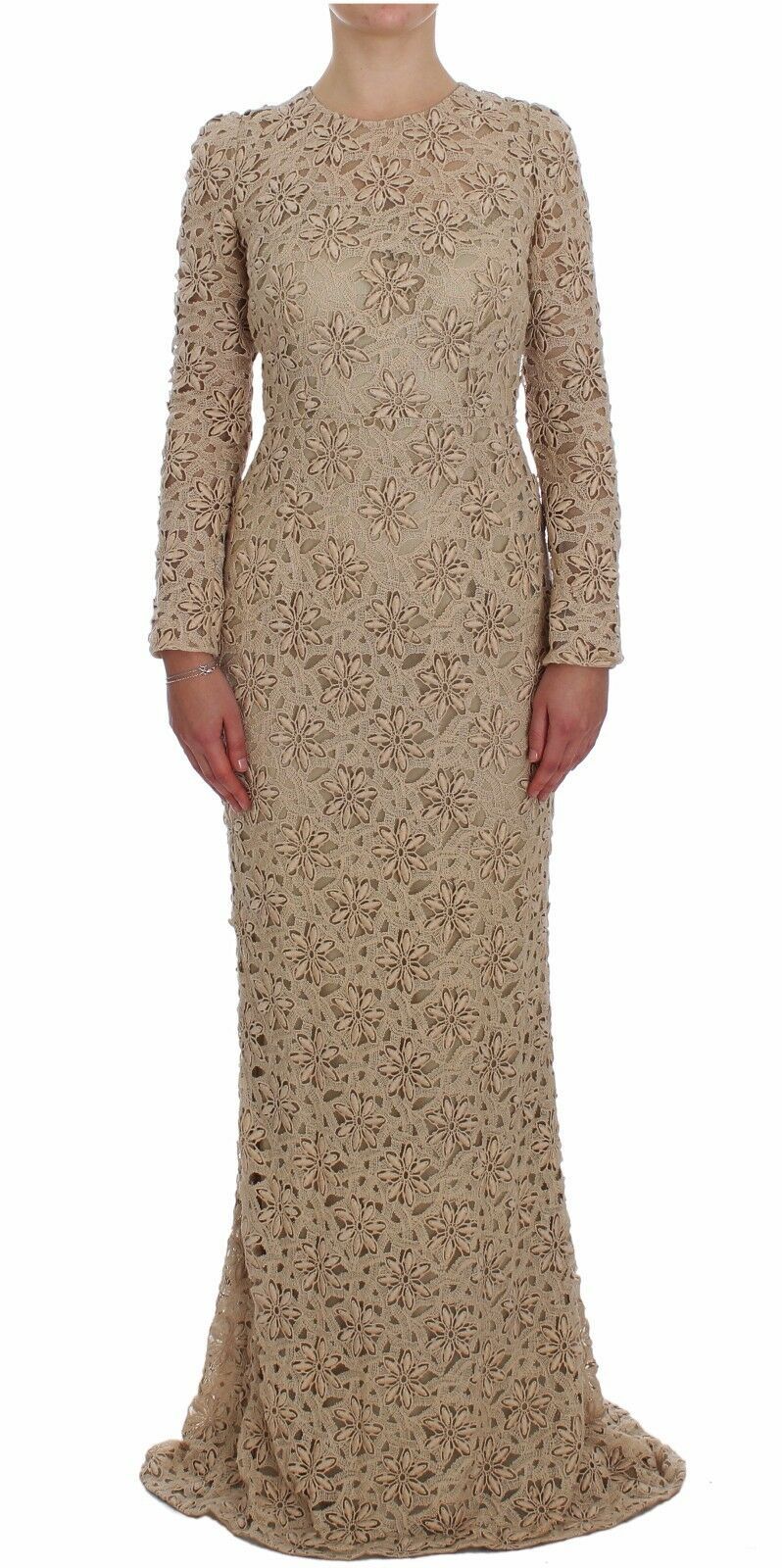 Beige Floral Lace Sheath Maxi Dress-Dolce & Gabbana-LabelTerrace.com