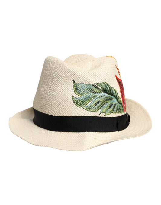 Beige Floral Print Straw Wide Brim Fedora Hat-Dolce & Gabbana-LabelTerrace.com