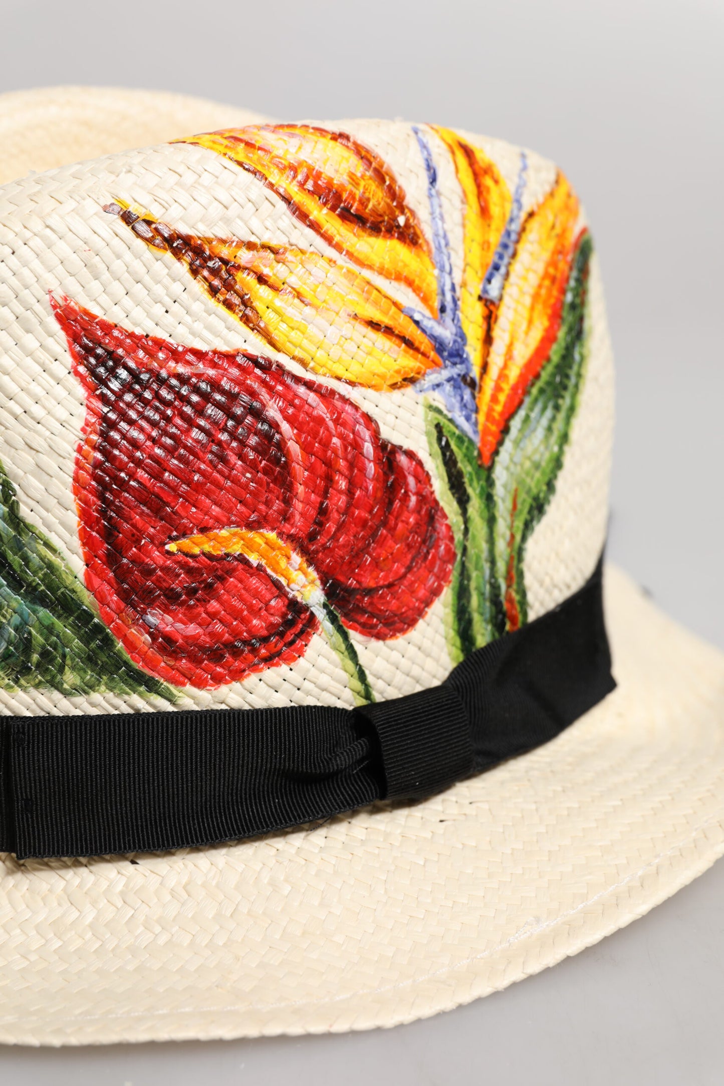 Beige Floral Print Straw Wide Brim Fedora Hat-Dolce & Gabbana-LabelTerrace.com