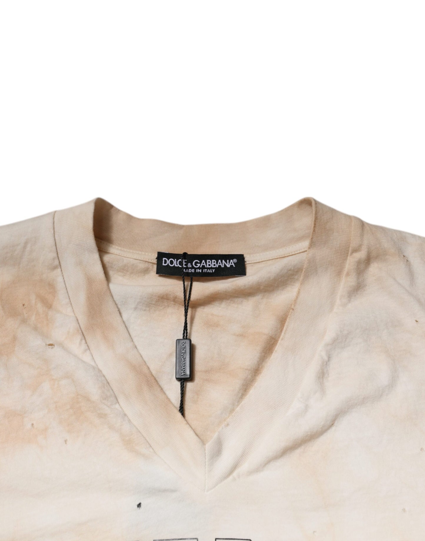 Beige Graphic Print Cotton V-neck T-shirt-Dolce & Gabbana-LabelTerrace.com