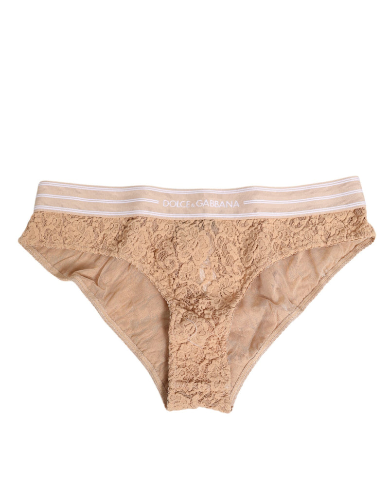 Beige Lace Brasiliano Briefs Logo Waistband Underwear-Dolce & Gabbana-LabelTerrace.com
