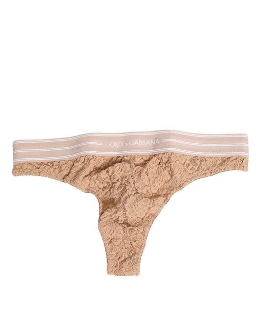 Beige Lace Logo Elastic Waist Thong Tanga Underwear-Dolce & Gabbana-LabelTerrace.com