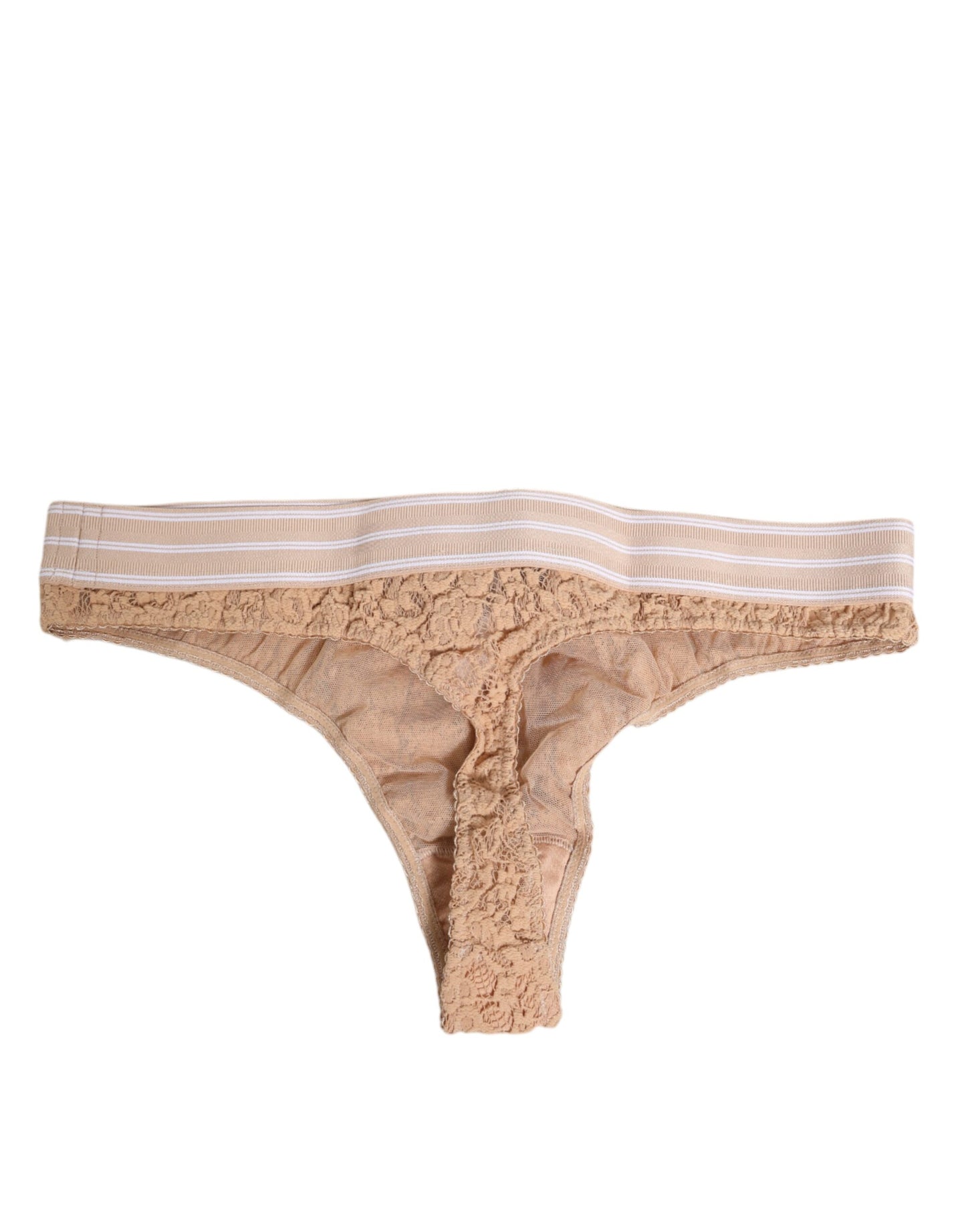 Beige Lace Logo Elastic Waist Thong Tanga Underwear-Dolce & Gabbana-LabelTerrace.com