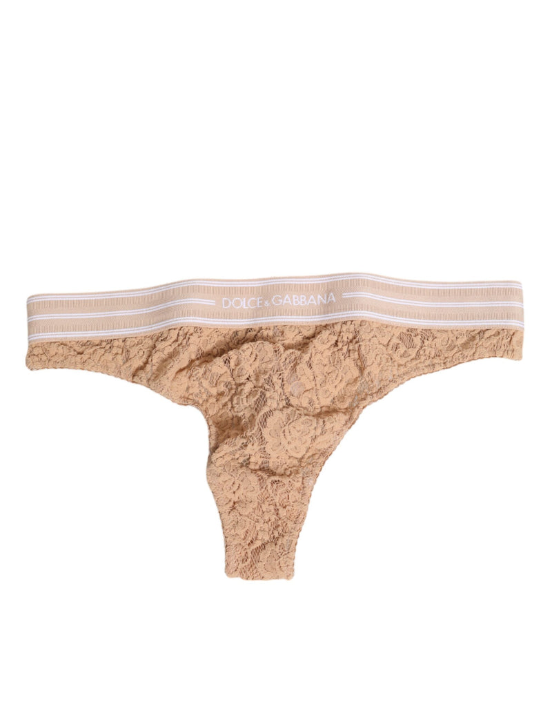 Beige Lace Logo Elastic Waist Thong Tanga Underwear-Dolce & Gabbana-LabelTerrace.com