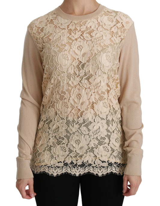 Beige Lace Long Sleeve Top Cashmere Blouse-Dolce & Gabbana-LabelTerrace.com