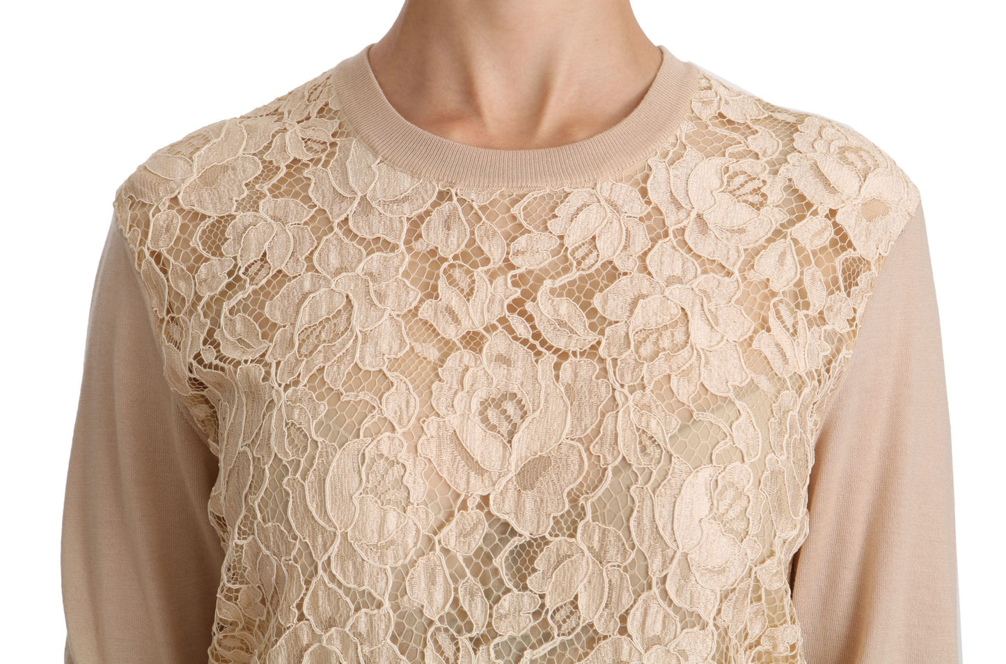 Beige Lace Long Sleeve Top Cashmere Blouse-Dolce & Gabbana-LabelTerrace.com