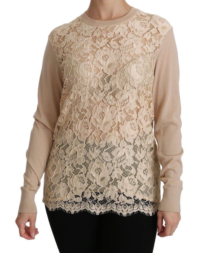 Beige Lace Long Sleeve Top Cashmere Blouse-Dolce & Gabbana-LabelTerrace.com