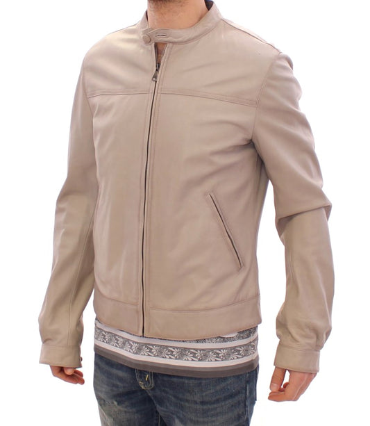 Beige Leather Jacket Biker Coat-Dolce & Gabbana-LabelTerrace.com