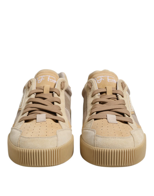 Beige Leather Low Top Lace Up Sneakers Shoes-Dolce & Gabbana-LabelTerrace.com