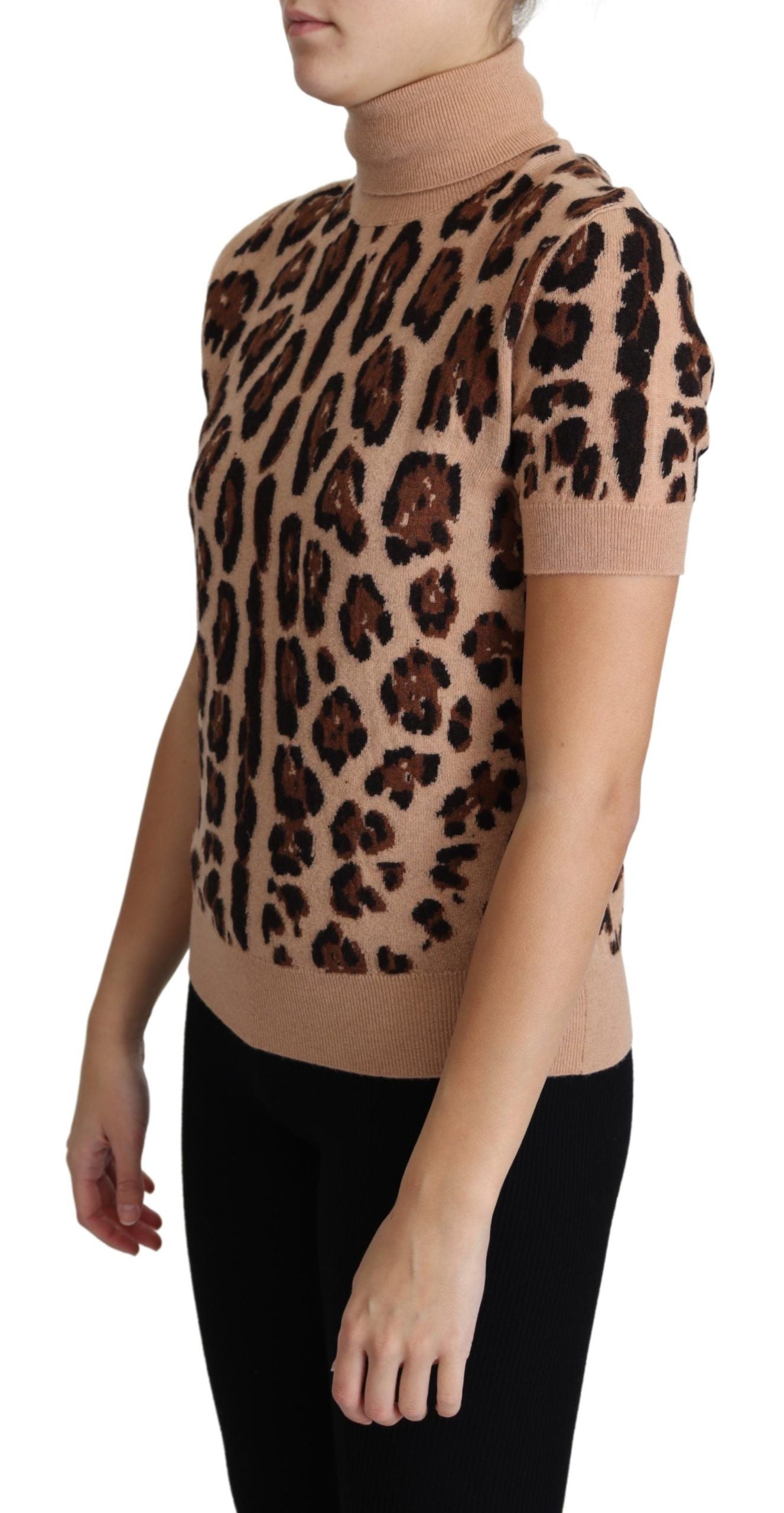 Beige Leopard Print Virgin Wool Turtleneck Top-Dolce & Gabbana-LabelTerrace.com