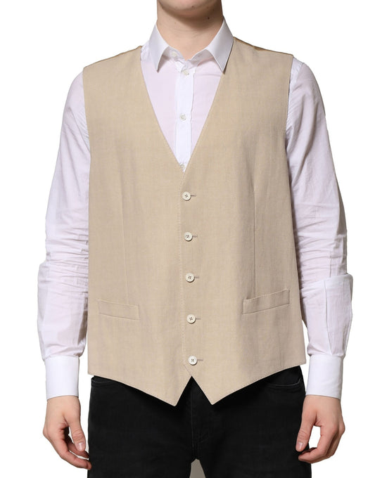 Beige Linen Dress Formal Men Waistcoat Vest-Dolce & Gabbana-LabelTerrace.com